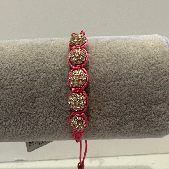 NWT J. Crew Bracelet - Pink string adjustable w/ clear rhinestone & gold beads - Picture 4 of 15